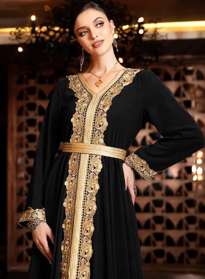 Take Two Women Black Golden Trim Patch Detail Jalabiya