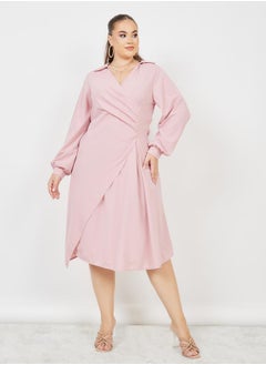 Plus Pleated Collared A-line Midi Dress