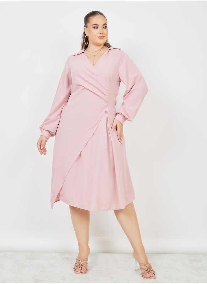 Styli Plus Pleated Collared A-line Midi Dress  - Image 1