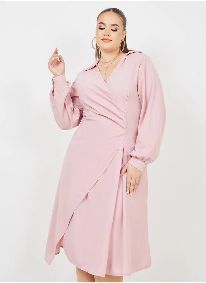 Styli Plus Pleated Collared A-line Midi Dress