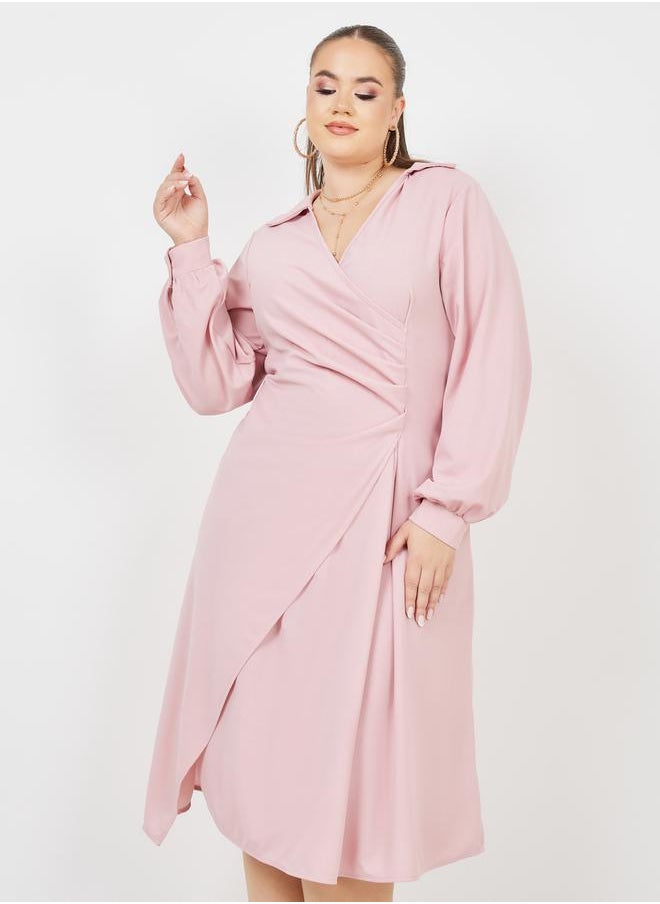 Styli Plus Pleated Collared A-line Midi Dress  - Image 2
