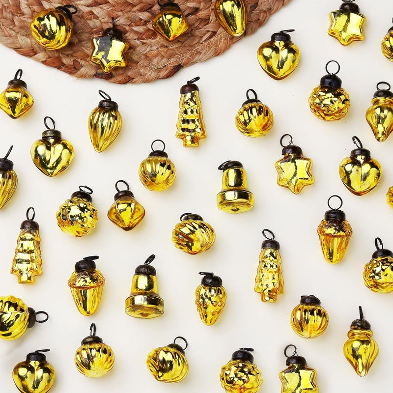 Indian-Shelf 200 Pieces Glass Gold Christmas Ornaments Decorative Mercury Mini Vintage Bulk Hanging Ornaments for Halloween Christmas Tree New Year Valentine Day Holidays Event and Wedding Party Decor - Image 1