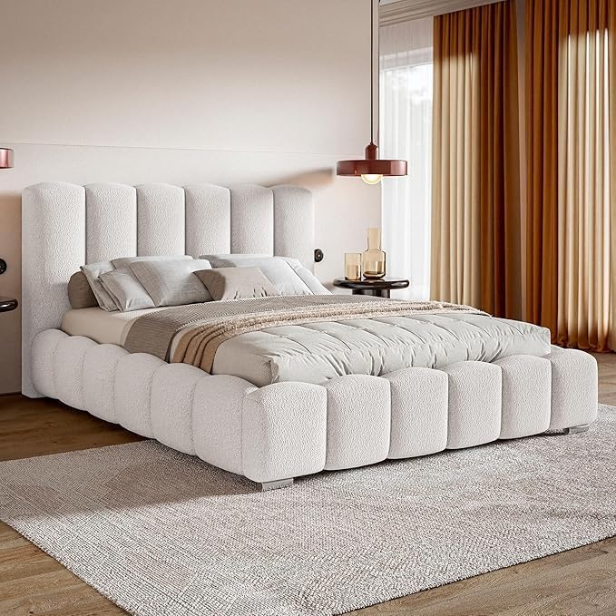 Cloud Upholstered Bed Frame, Teddy Fleece Modern Soft Boucle Platform Bed with Vertical Channel Headboard - Rice White, Full (140x200cm with Spring Mattress) - Image 3