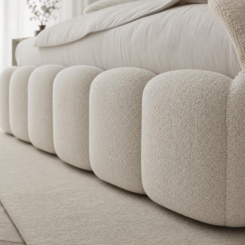 Cloud Upholstered Bed Frame, Teddy Fleece Modern Soft Boucle Platform Bed with Vertical Channel Headboard - Rice White, Full (140x200cm with Spring Mattress) - Image 5
