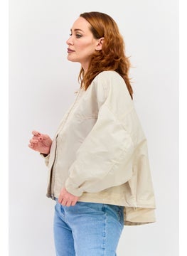 ESPRIT Women Band Collar Solid Oversized Bomber Jacket, Beige  - Image 3