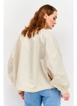 ESPRIT Women Band Collar Solid Oversized Bomber Jacket, Beige  - Image 4