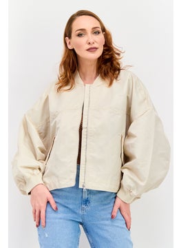 ESPRIT Women Band Collar Solid Oversized Bomber Jacket, Beige  - Image 1