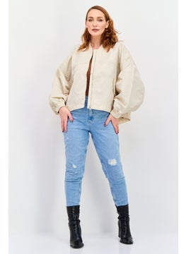 ESPRIT Women Band Collar Solid Oversized Bomber Jacket, Beige  - Image 2