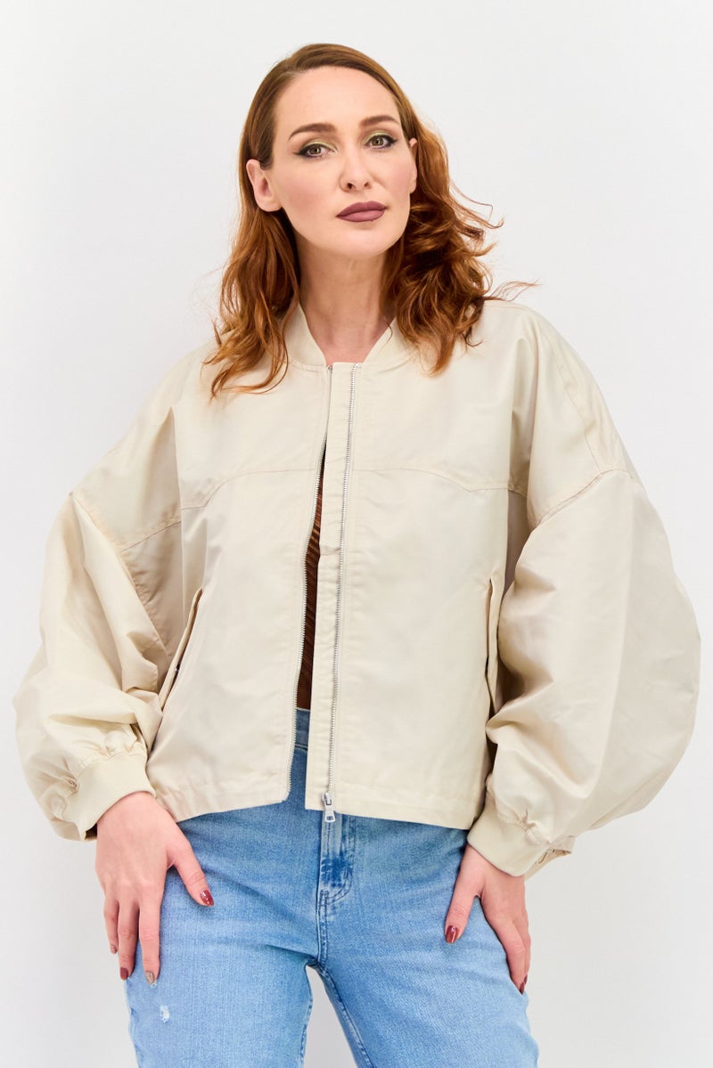 ESPRIT Women Band Collar Solid Oversized Bomber Jacket, Beige  - Image 1
