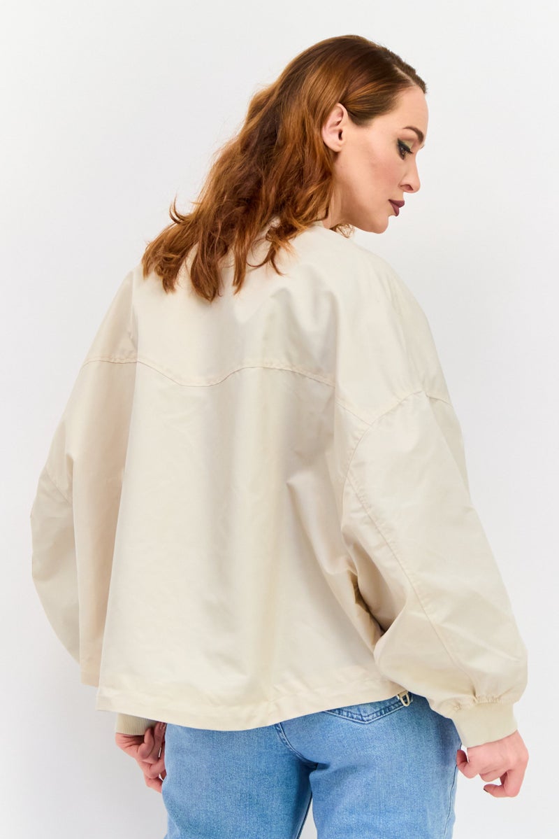 ESPRIT Women Band Collar Solid Oversized Bomber Jacket, Beige  - Image 4