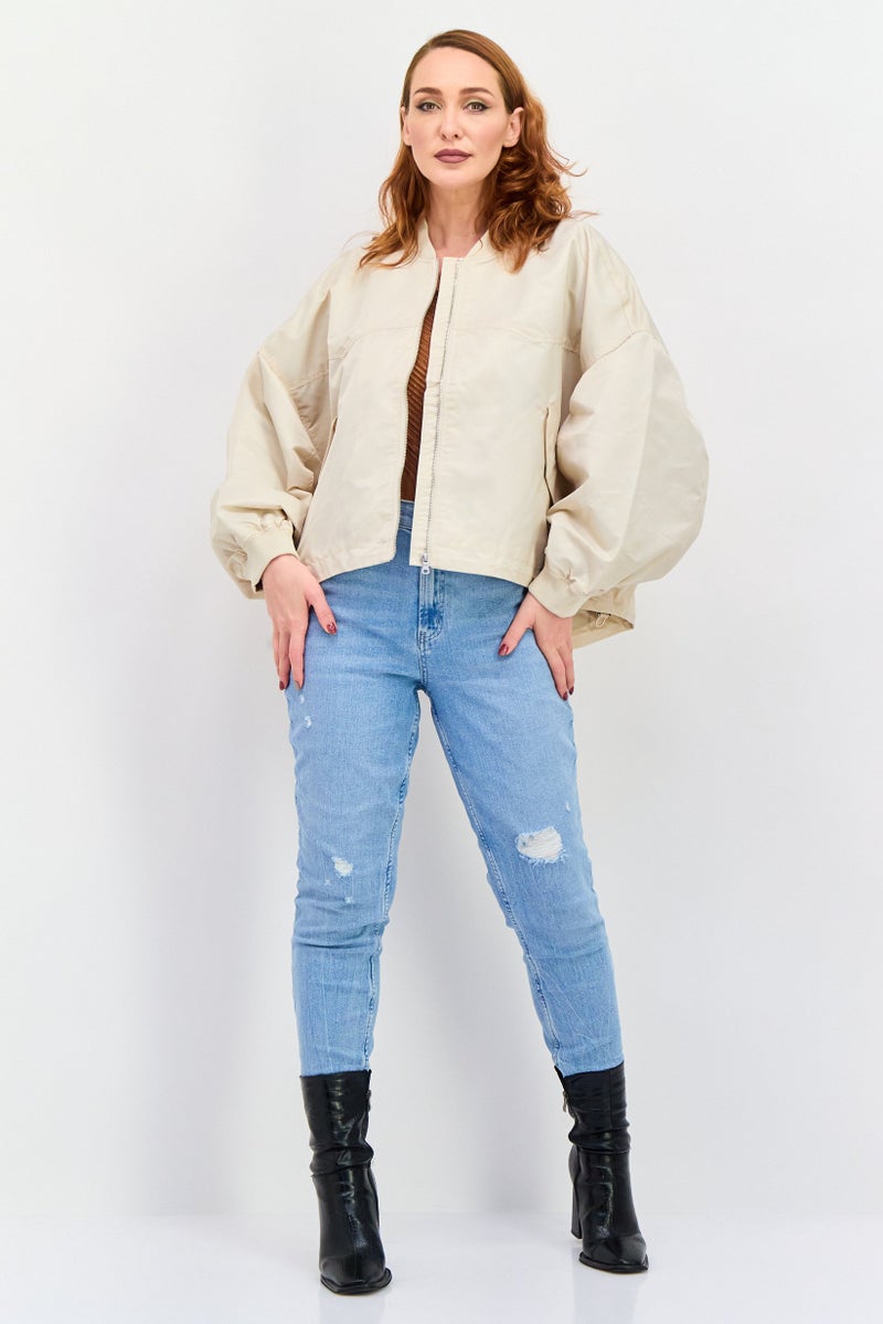 ESPRIT Women Band Collar Solid Oversized Bomber Jacket, Beige  - Image 2