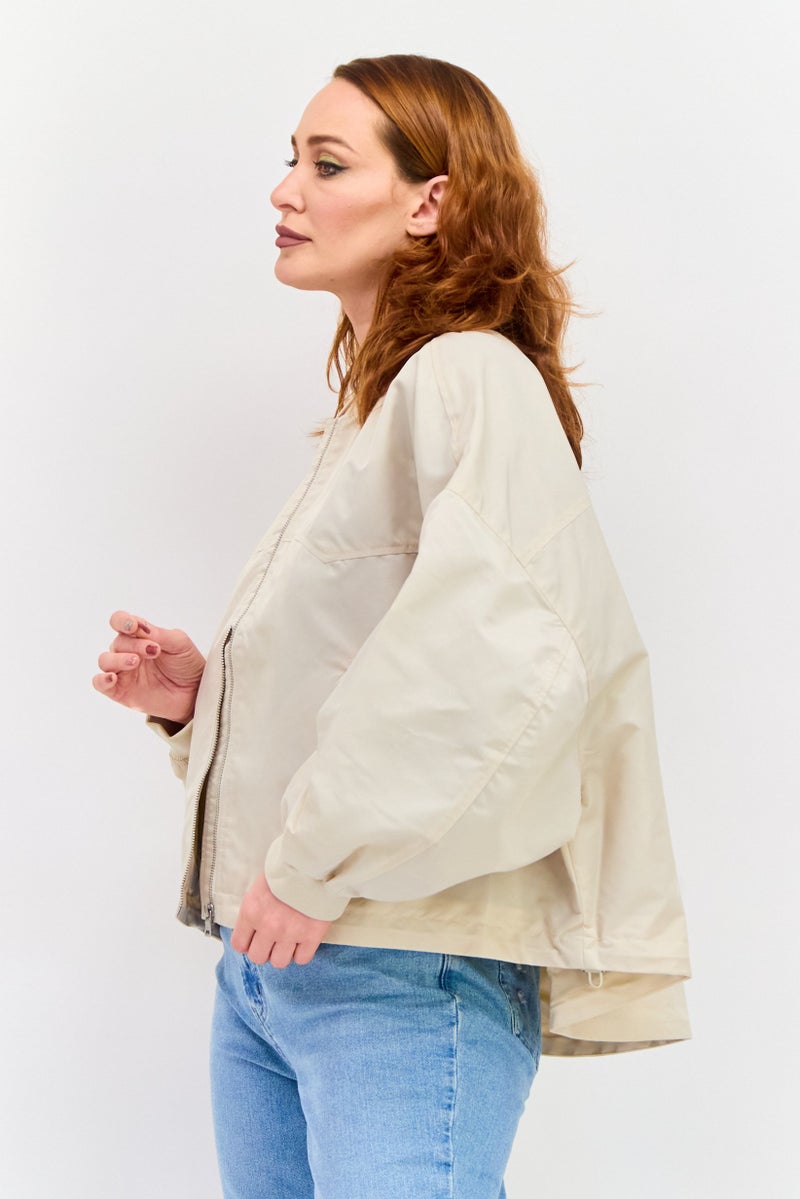 ESPRIT Women Band Collar Solid Oversized Bomber Jacket, Beige  - Image 3