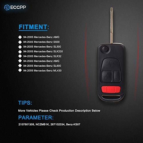 ECCPP Uncut 4 Buttons Keyless Entry Remote Key Fob Shell Case Replacement fit for 94-2005 Mercedes-Benz AMG S500 SL500 SLK230 SLK32 AMG SL600 ML430 NCZMB1K - Image 2