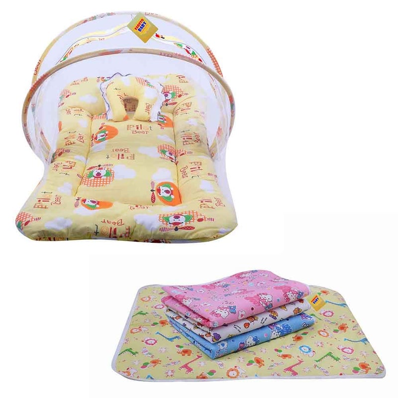 Fareto New Born Baby Combo of 1 Mosquito Net Bed and 4 Plastic Changing Diapers Waterproof MatMassage MatProtection Mat06 MonthsYellow - Image 1