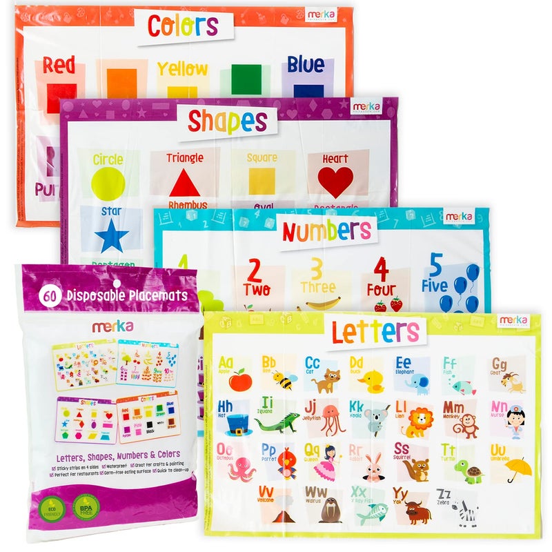 merka Disposable Placemats for Baby and Toddlers 12 x 18 60 Pack Stickon Table Mats for Restaurants Includes Shapes Numbers Letter  Colors