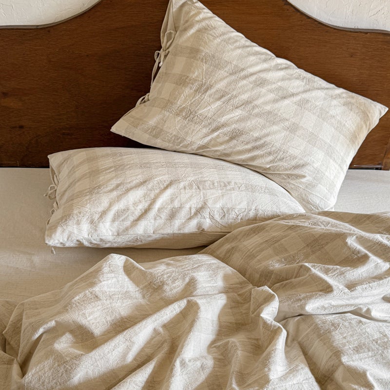 Undyed Linen Checkerboard Bedding Set – Washable Breathable Four-Piece Sheet Set - Image 1