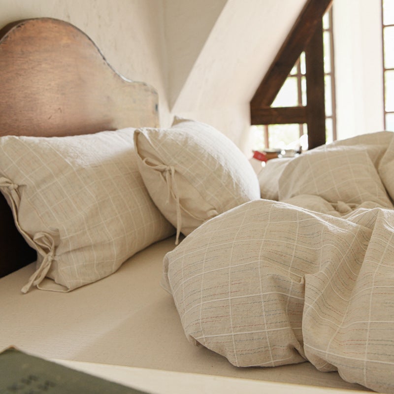 Undyed Linen Checkerboard Bedding Set – Washable Breathable Four-Piece Sheet Set - Image 5