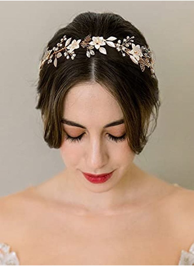 SWEETV - Handmade Bridal Headband Flower Wedding Hair Accessories For Brides Hair Pieces Gold Flower Girl Headpieces - Image 1
