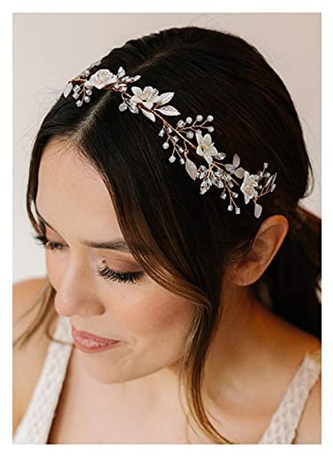 SWEETV - Handmade Bridal Headband Flower Wedding Hair Accessories For Brides Hair Pieces Gold Flower Girl Headpieces - Image 1
