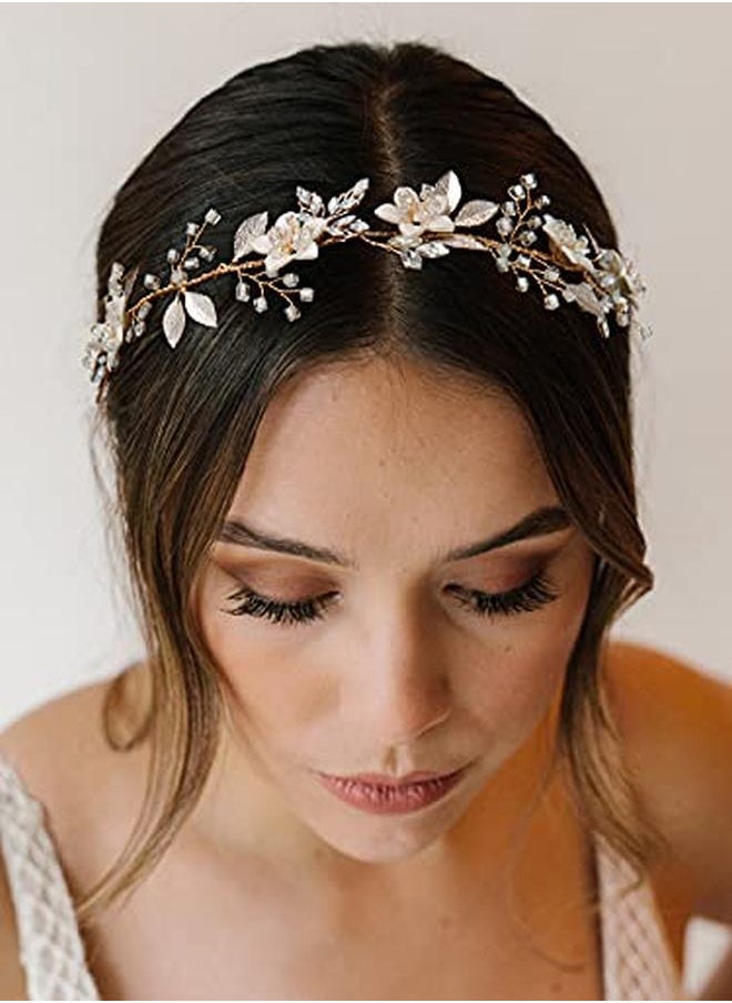 SWEETV - Handmade Bridal Headband Flower Wedding Hair Accessories For Brides Hair Pieces Gold Flower Girl Headpieces - Image 1