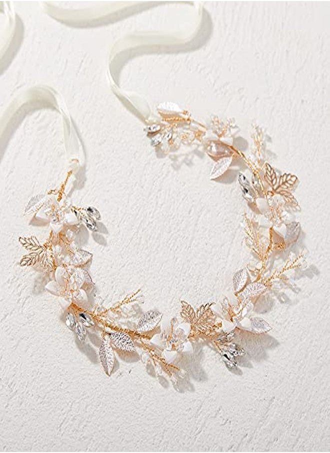 SWEETV - Handmade Bridal Headband Flower Wedding Hair Accessories For Brides Hair Pieces Gold Flower Girl Headpieces - Image 1