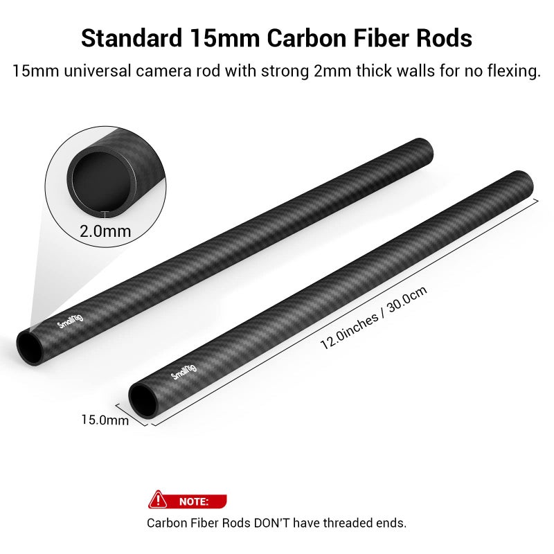 SmallRig 15mm Carbon Fiber Rod for 15mm Rod Support System (Non-Thread), 12 inches Long, Pack of 2-851 - Image 2