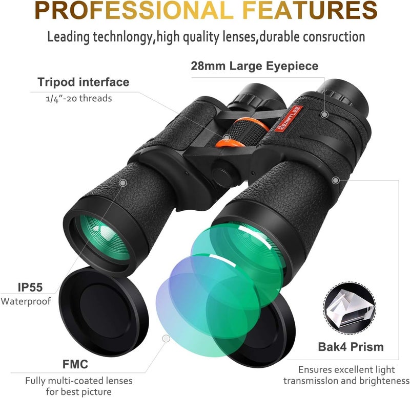 ETZIN Binoculars for Adults - 20x50 Roof Prism Binoculars with Smartphone Adapter Carry Case - BAK4 Prism FMC Lens with Low Light Vision - HD Powerful Boculars for Bird Watching, Hunting, Wildlife. - Image 2