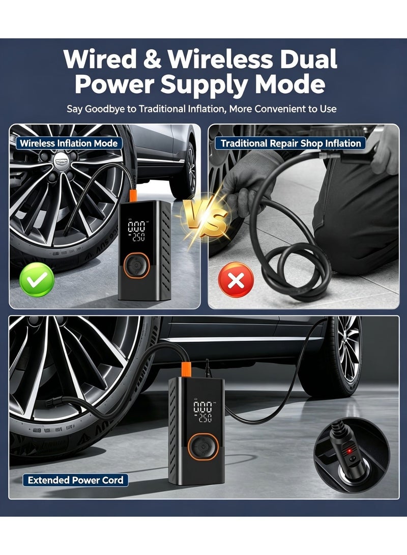 TerraLUX Tire Inflator， Portable Air Compressor Cordless， Bike Pump with Digital Dual Values Display,  150 PSI car tire inflator with LED emergency light, can be used as a power bank. Wireless and wired dual-use, comes with a 3-meter car charging cable for Cars, Motorcycles, Bikes, Balls for Gifts - Image 3