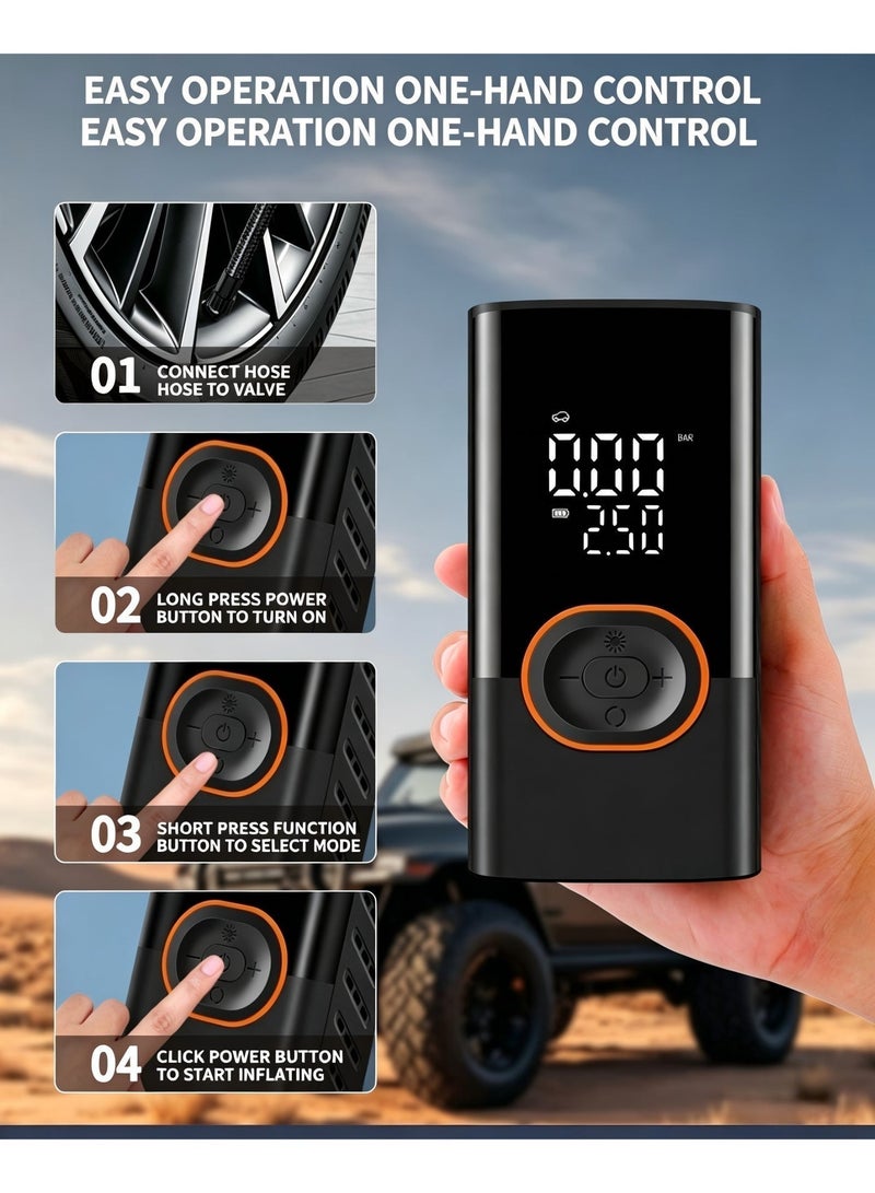 TerraLUX Tire Inflator， Portable Air Compressor Cordless， Bike Pump with Digital Dual Values Display,  150 PSI car tire inflator with LED emergency light, can be used as a power bank. Wireless and wired dual-use, comes with a 3-meter car charging cable for Cars, Motorcycles, Bikes, Balls for Gifts - Image 4