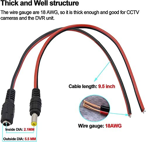 FEDUS 18Awg 20 Pairs Each Dc Power Pigtail Cable 12V 5A Male & Female 20 Pairs Dc Power Plug Adapter Connector For Cctv Home Security Surveillance Camera Dc Extension Cord Power Tail, Red - Image 5