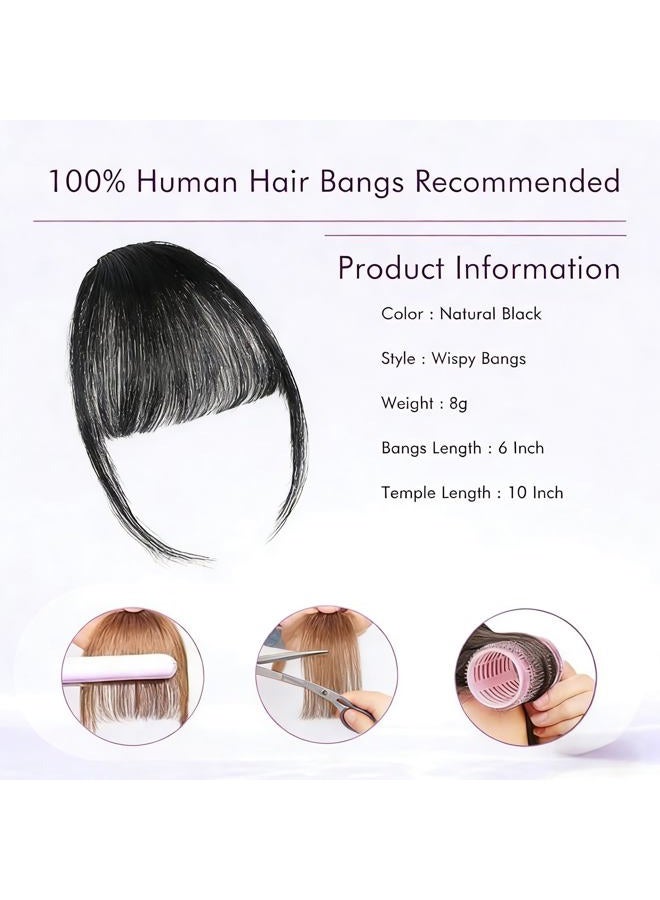ELEFOCUS Clip-on Natural Black Human Hair Extensions - Wispy Bangs with Temples for Daily Wear - Image 5