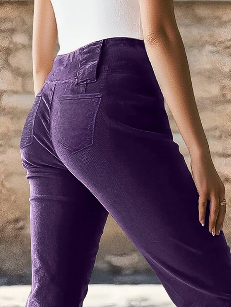 Flamingals Mid Rise Corduroy Pants for Women Seam Front Double Button Work Trouser Flare Pants Trendy Purple S - Image 2