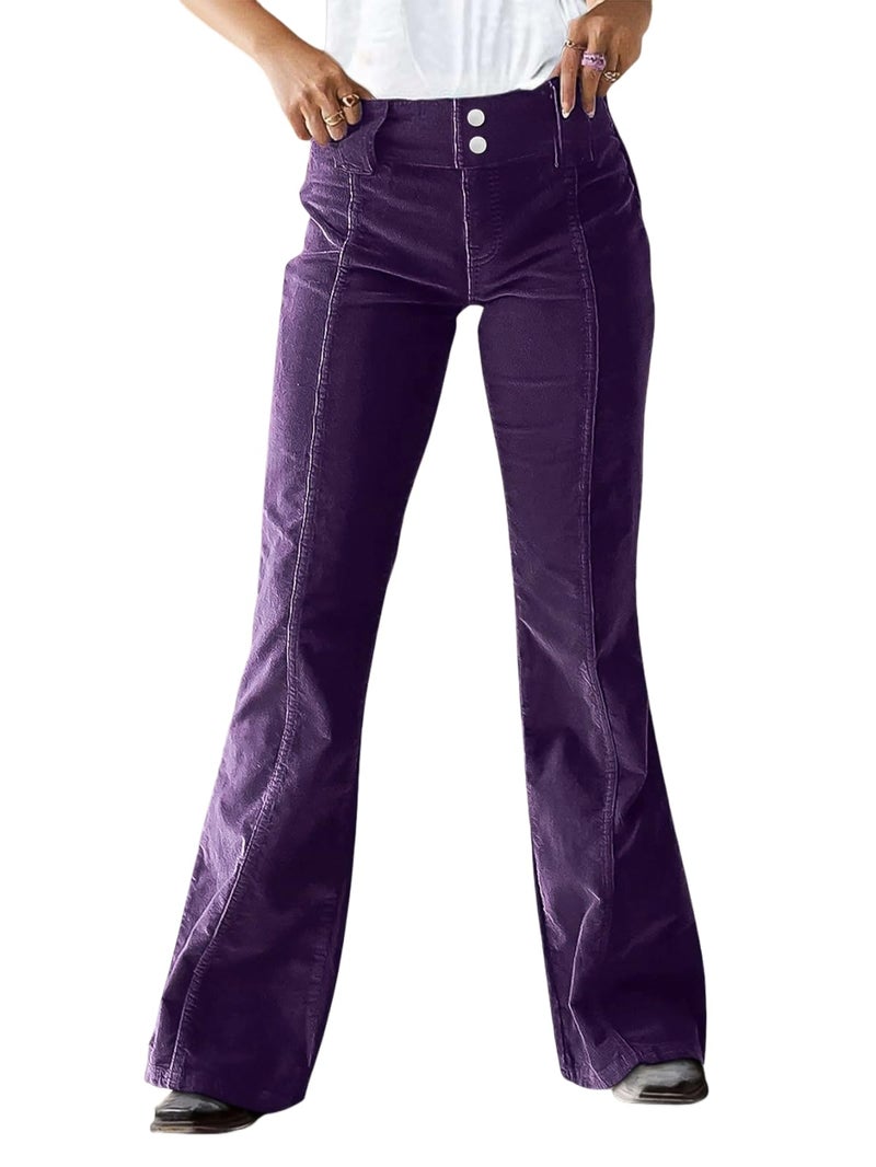 Flamingals Mid Rise Corduroy Pants for Women Seam Front Double Button Work Trouser Flare Pants Trendy Purple S - Image 1