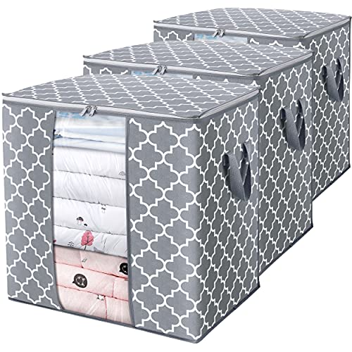 WISELIFE Storage Bags [3 Pack/100L] Large Blanket Clothes Organization and Storage Containers for Comforters,Bedding, Foldable Organizer with Reinforced Handle, Clear Window, Sturdy Zippers,Light Gray - Image 1