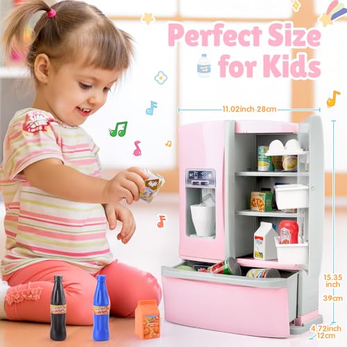 PLAY Refrigerator Toy Fridge with Ice Dispenser Kids Pretend Play Kitchen Accessories with Toy Food Drink Bottles Milk Cans Play Kitchen Appliances Set for Girls Age 3 White - Image 5