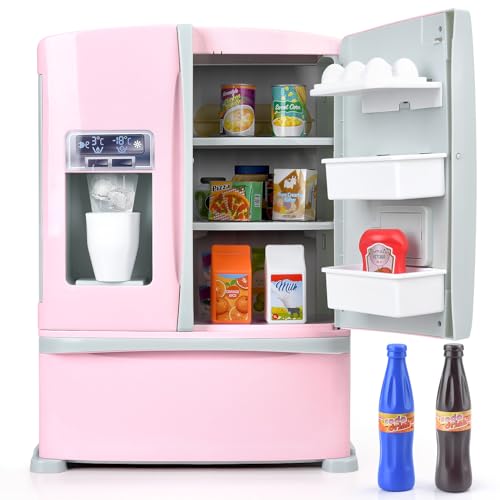 PLAY Refrigerator Toy Fridge with Ice Dispenser Kids Pretend Play Kitchen Accessories with Toy Food Drink Bottles Milk Cans Play Kitchen Appliances Set for Girls Age 3 White - Image 1