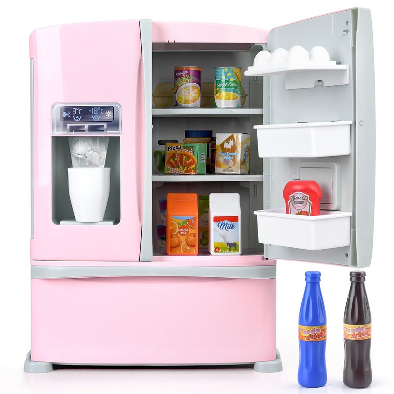 PLAY Refrigerator Toy Fridge with Ice Dispenser Kids Pretend Play Kitchen Accessories with Toy Food Drink Bottles Milk Cans Play Kitchen Appliances Set for Girls Age 3 White - Image 3