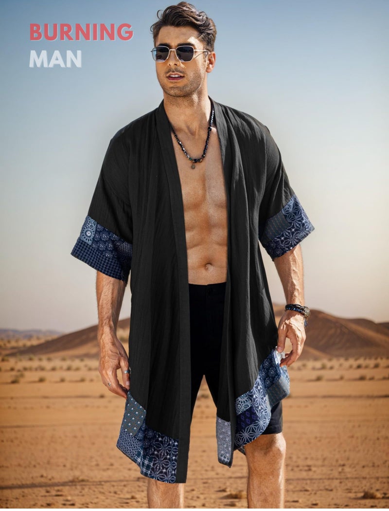 COOFANDY Men's Cardigan Lightweight Cotton Sweater Kimono Style Cloak Open Front Cape, Black, Large - Image 2