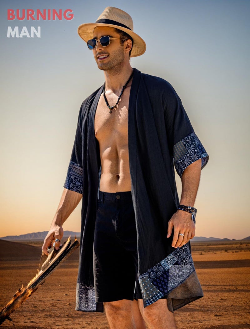 COOFANDY Men's Cardigan Lightweight Cotton Sweater Kimono Style Cloak Open Front Cape, Black, Large - Image 3