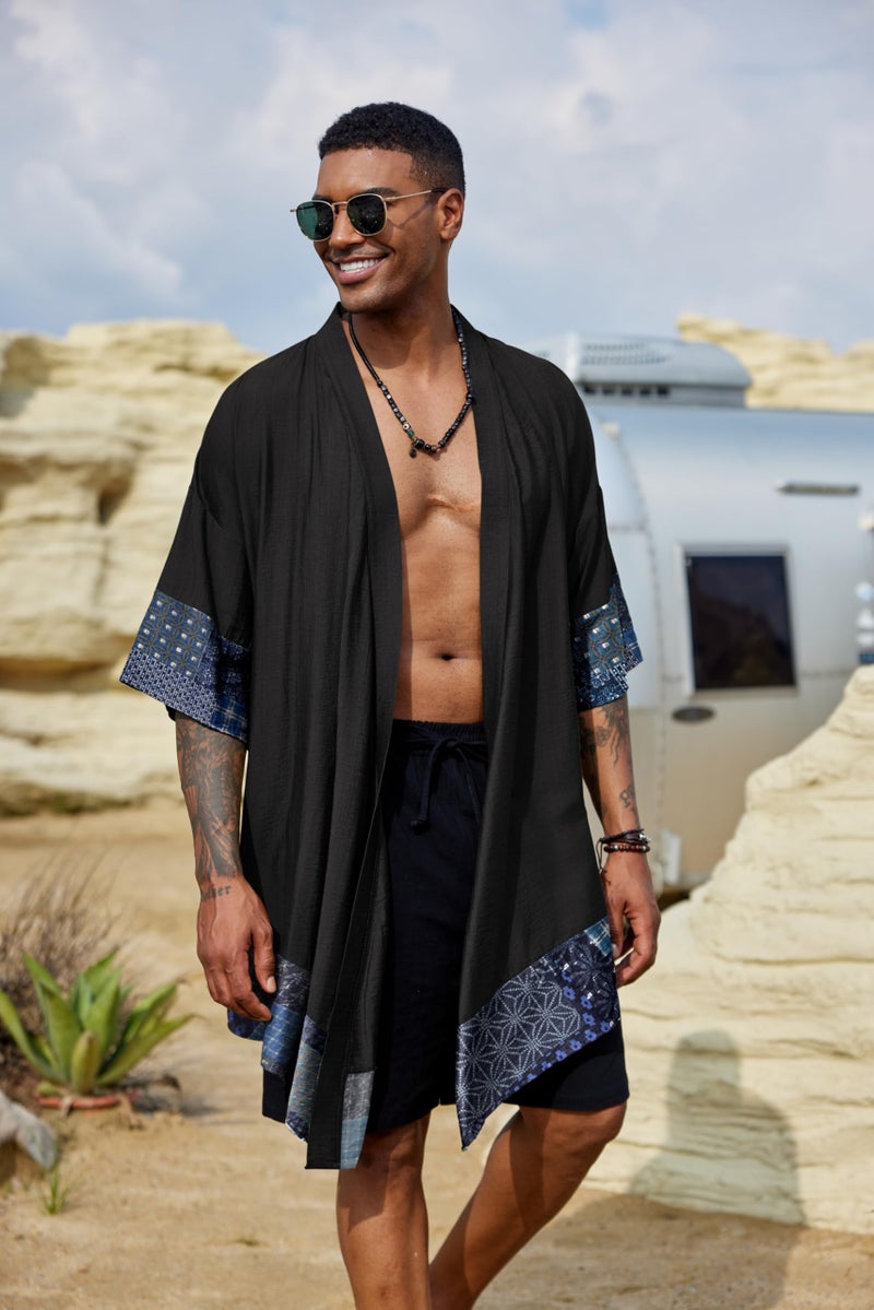 COOFANDY Men's Cardigan Lightweight Cotton Sweater Kimono Style Cloak Open Front Cape, Black, Large - Image 5