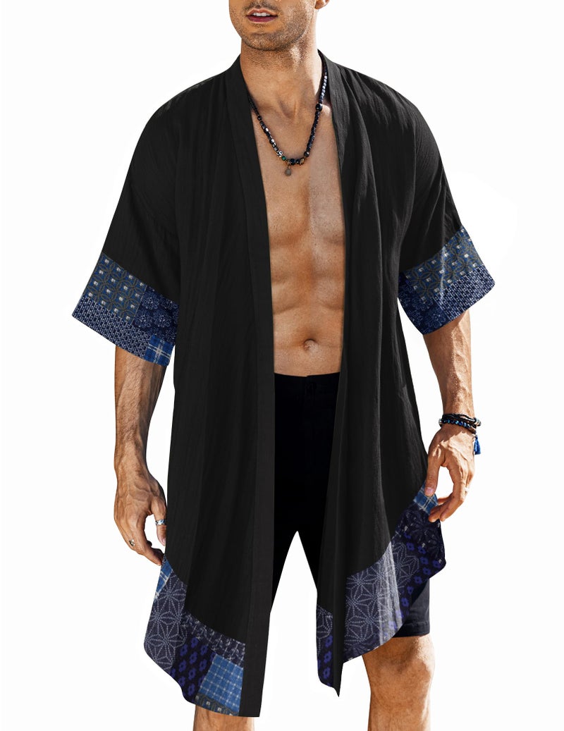 COOFANDY Men's Cardigan Lightweight Cotton Sweater Kimono Style Cloak Open Front Cape, Black, Large - Image 1