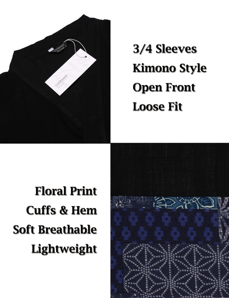 COOFANDY Men's Cardigan Lightweight Cotton Sweater Kimono Style Cloak Open Front Cape, Black, Large - Image 4