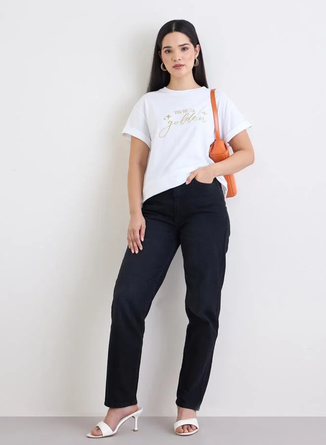 Styli Styli White Lurex Embroidered Boxy T-Shirt