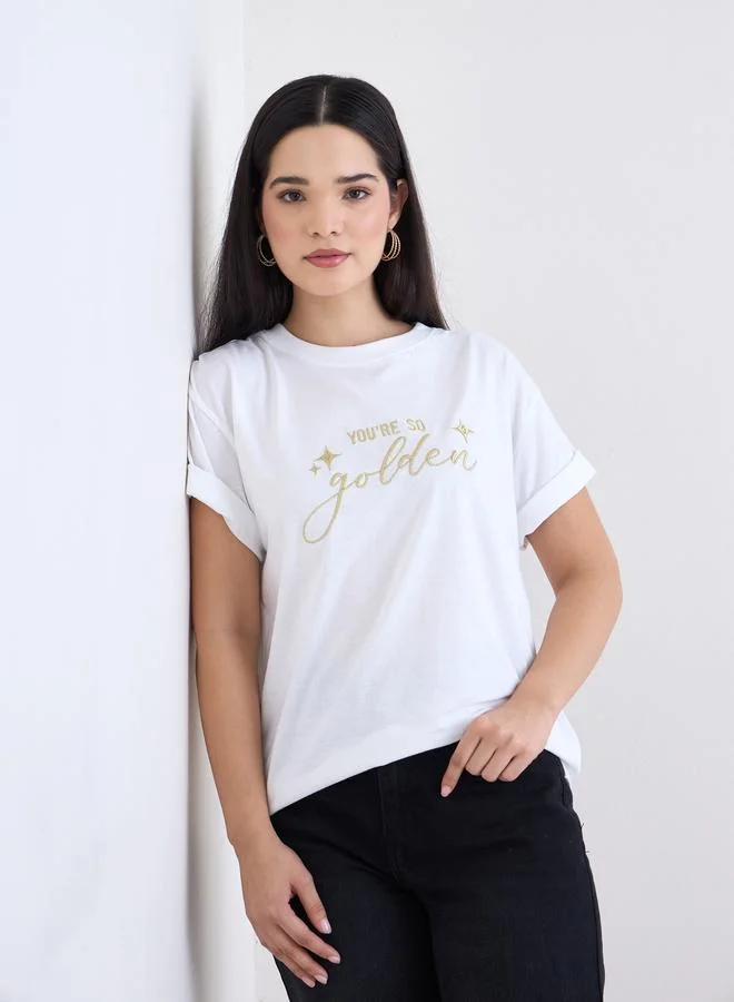 Styli Styli White Lurex Embroidered Boxy T-Shirt