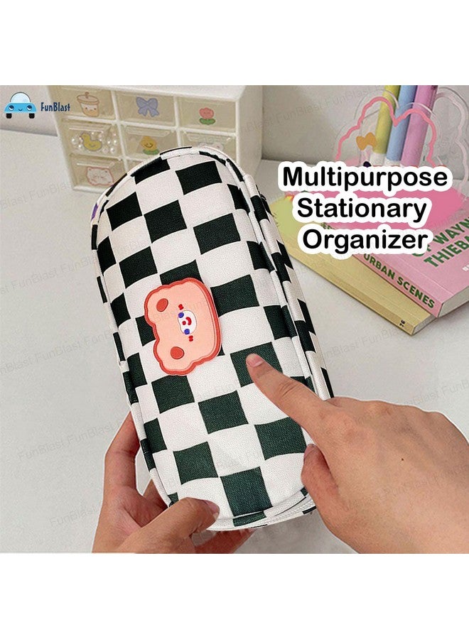 FunBlast Pencil Pouches - Kawaii Pencil Pouch, Aesthetic Checker Canvas Pencil Case Organizer, Large Capacity Stationary Bag Holder, Multipurpose Zipper Pouch for Kids & Adults (Black) - Image 3