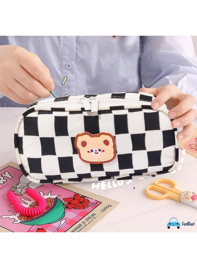 FunBlast Pencil Pouches - Kawaii Pencil Pouch, Aesthetic Checker Canvas Pencil Case Organizer, Large Capacity Stationary Bag Holder, Multipurpose Zipper Pouch for Kids & Adults (Black) - Image 5
