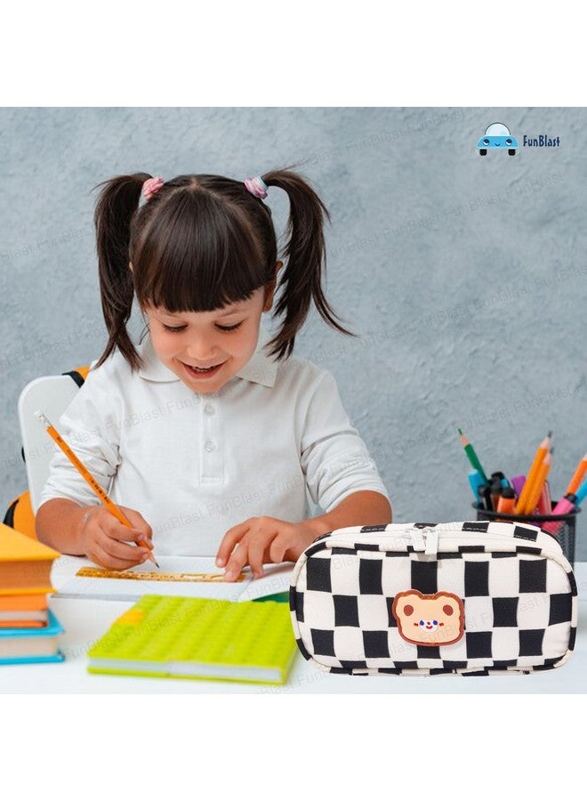 FunBlast Pencil Pouches - Kawaii Pencil Pouch, Aesthetic Checker Canvas Pencil Case Organizer, Large Capacity Stationary Bag Holder, Multipurpose Zipper Pouch for Kids & Adults (Black) - Image 4