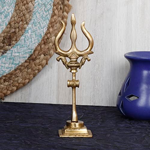 ARTVARKO Brass Shiva Shiv Bholenath Trishul Trident with Damru on Stand Show Piece Decoration Items for Pooja Room, Temple Home Decor Puja 7 Inch - Image 1