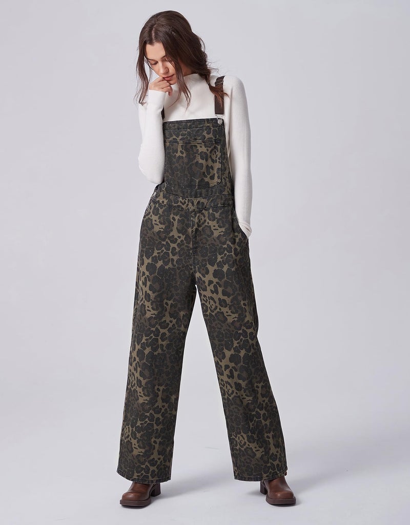 Kedera Womens Leopard Print Jean Overalls Chic Streetwear Oversized Baggy Wide Leg Denim Jumpsuit Loose Fit - Image 4