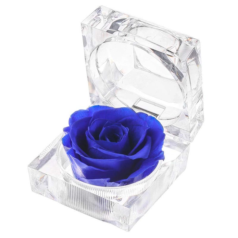 Enchanted Rose in Acrylic Crystal Ring Box Handmade Real Preserved Fresh Flower Best Romantic Gift for her Mothers Day Christmas Surprise Mom Wife NOT Silk Blue